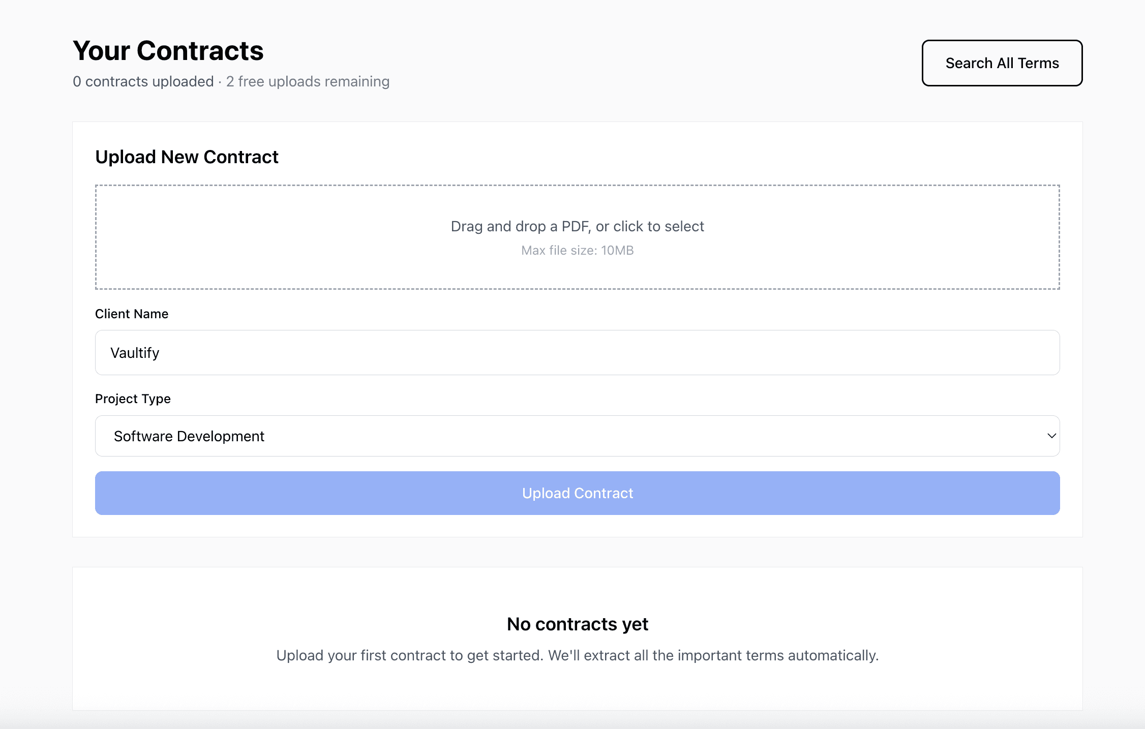 ClauseVault dashboard showing contract upload and management interface
